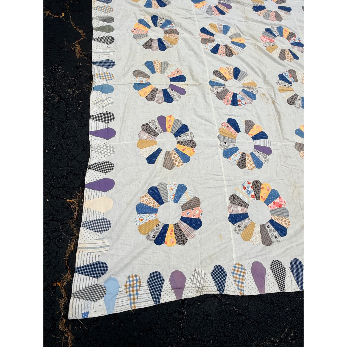 Vintage Dresden Plate Applique Patchwork Bed Topper Blanket 82x77 Handmade