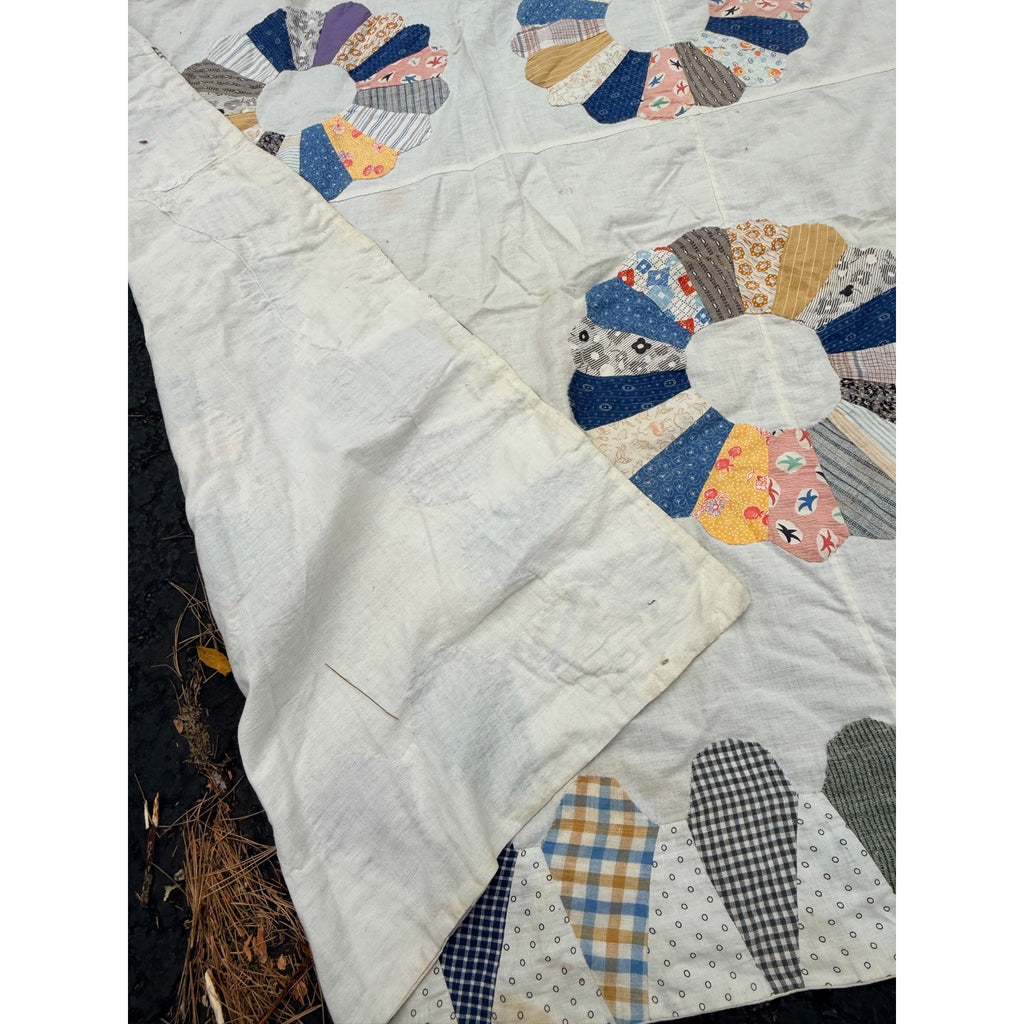 Vintage Dresden Plate Applique Patchwork Bed Topper Blanket 82x77 Handmade