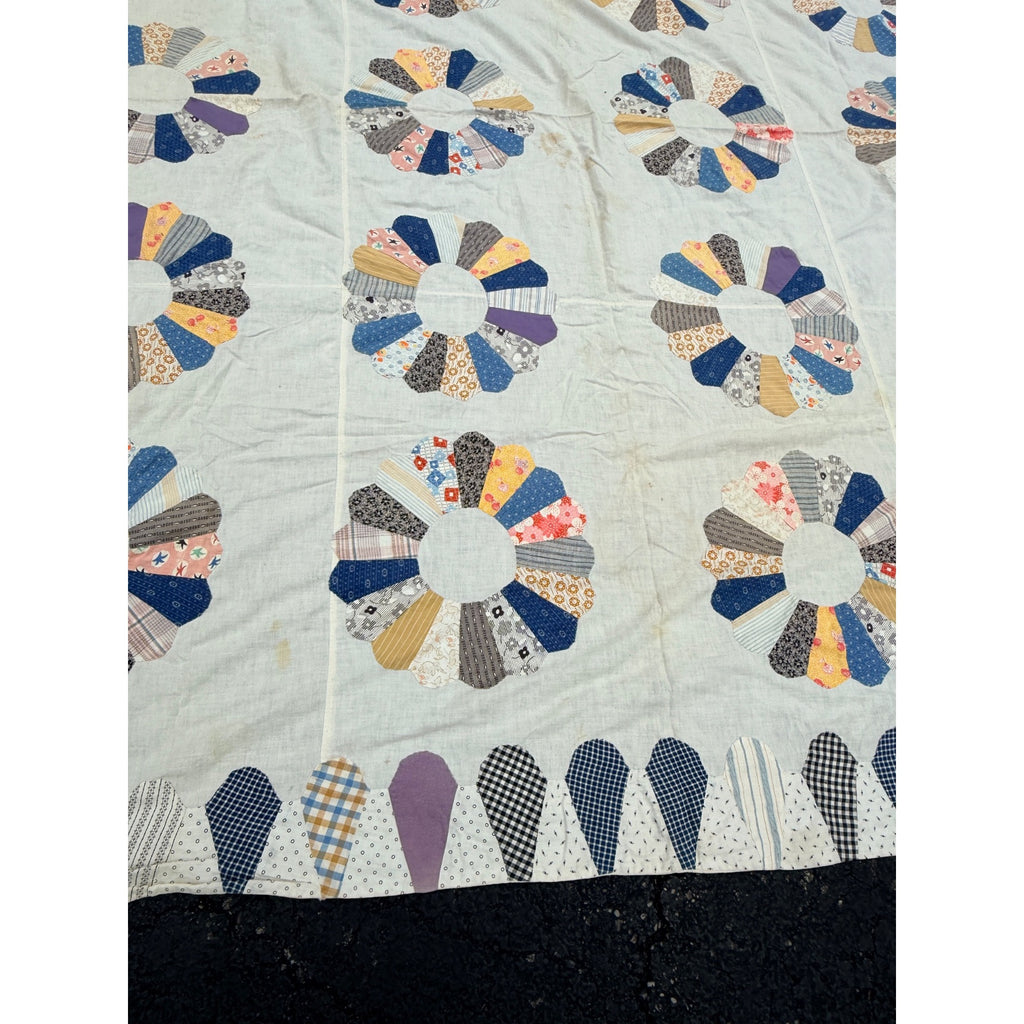 Vintage Dresden Plate Applique Patchwork Bed Topper Blanket 82x77 Handmade