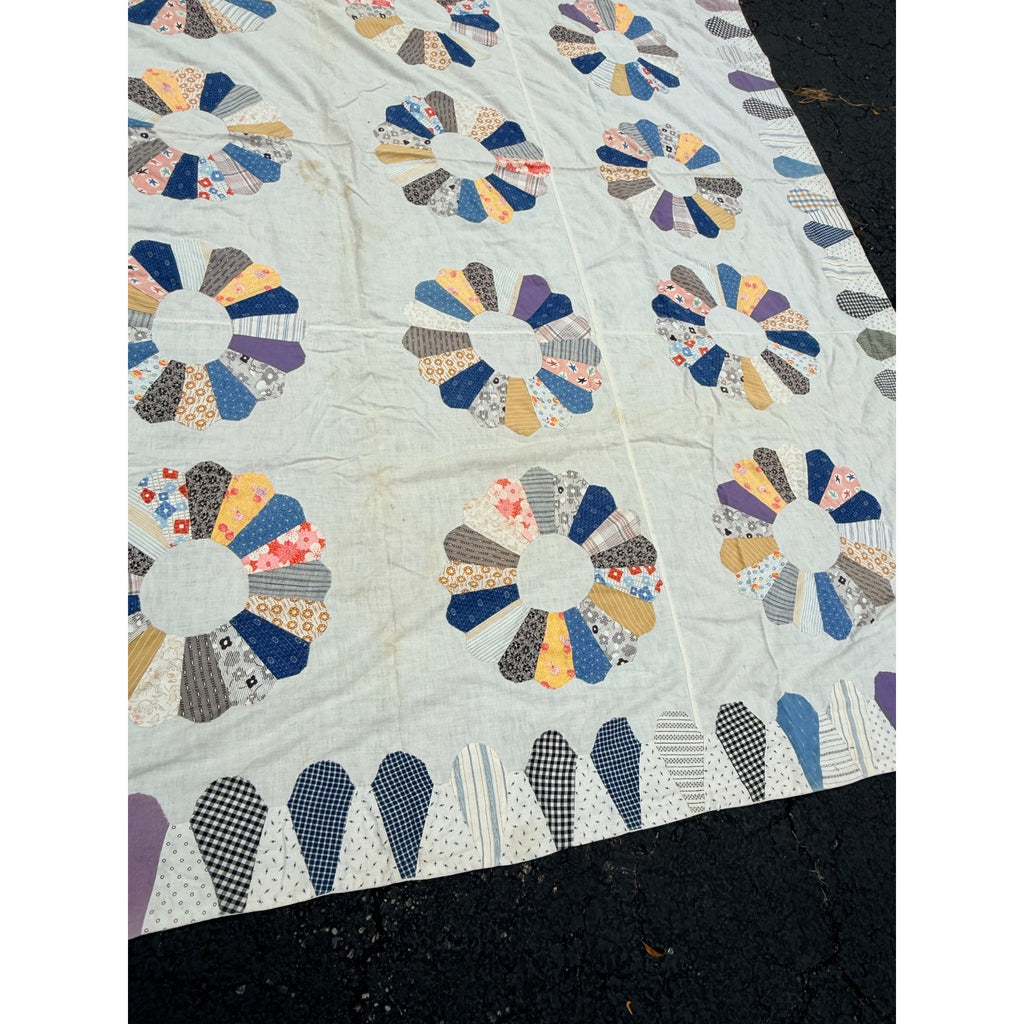 Vintage Dresden Plate Applique Patchwork Bed Topper Blanket 82x77 Handmade