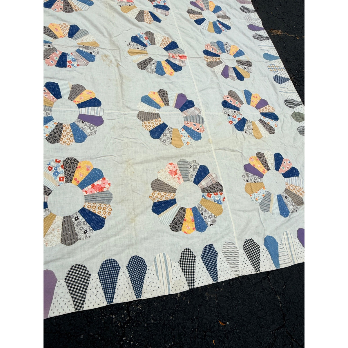 Vintage Dresden Plate Applique Patchwork Bed Topper Blanket 82x77 Handmade