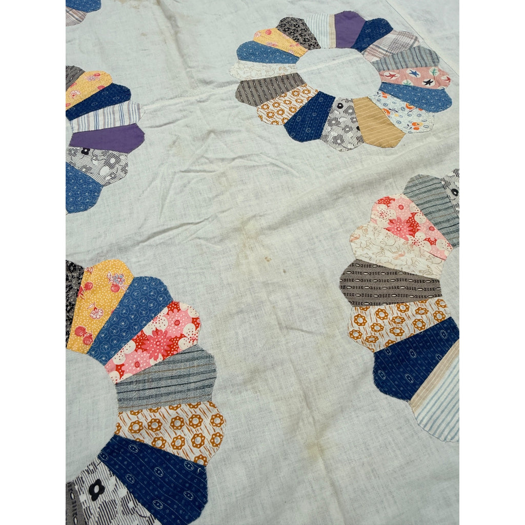 Vintage Dresden Plate Applique Patchwork Bed Topper Blanket 82x77 Handmade