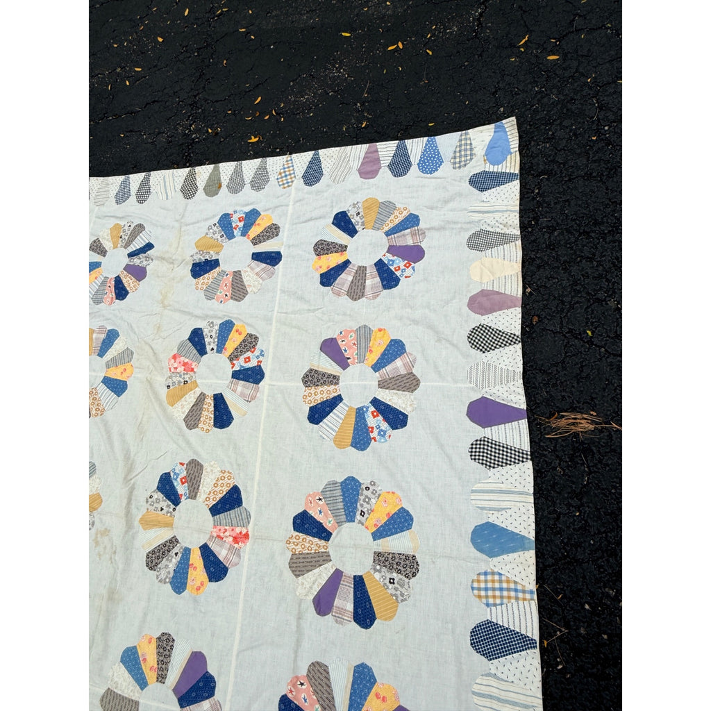 Vintage Dresden Plate Applique Patchwork Bed Topper Blanket 82x77 Handmade