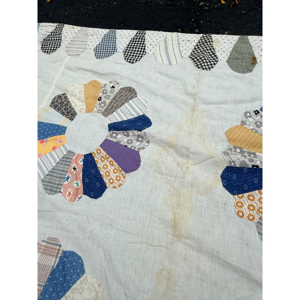 Vintage Dresden Plate Applique Patchwork Bed Topper Blanket 82x77 Handmade