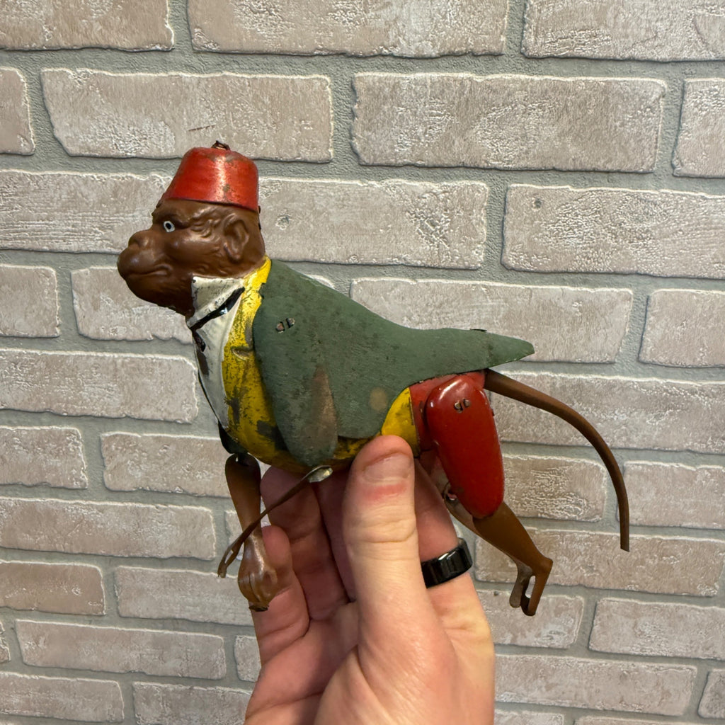 Rare Antique 1900 Tin Monkey Climbing Rope Pull Up String - German?
