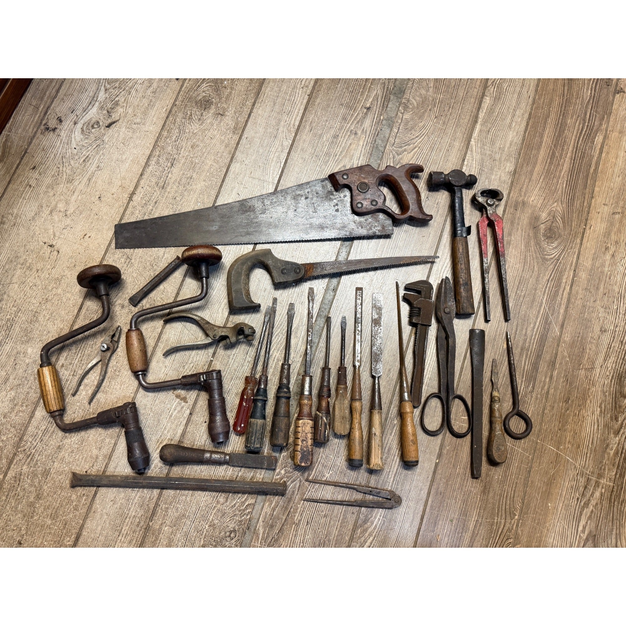 Antique Tool Lot Saws Screwdrivers Hand Drills Hammer Wrenches