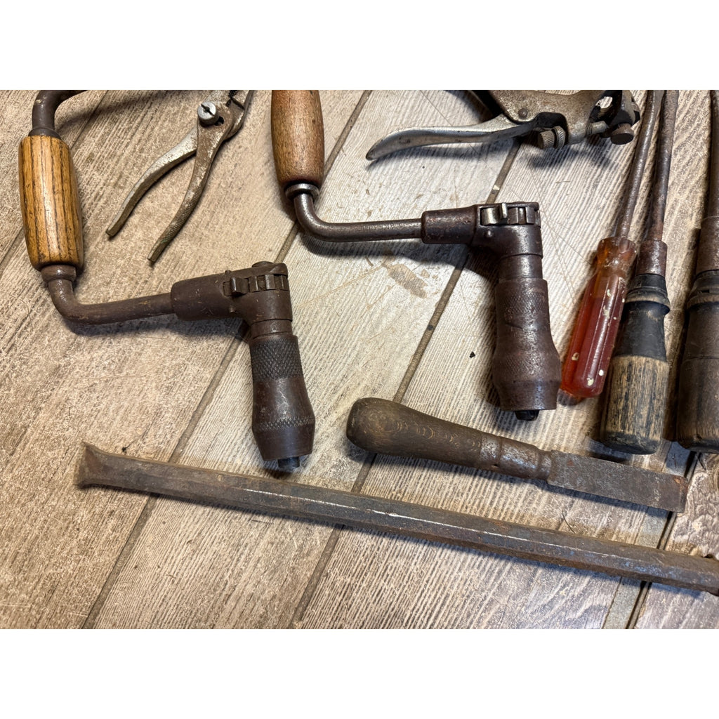 Antique Tool Lot Saws Screwdrivers Hand Drills Hammer Wrenches