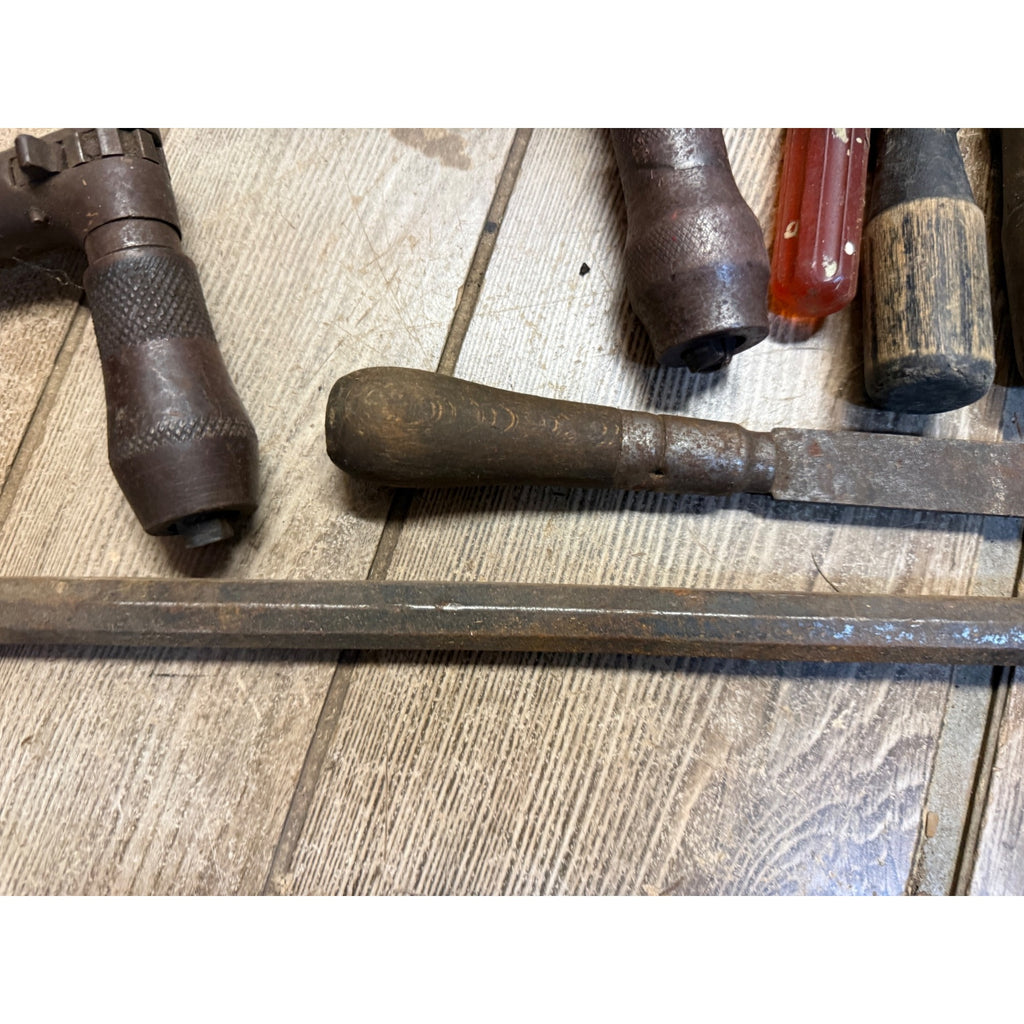 Antique Tool Lot Saws Screwdrivers Hand Drills Hammer Wrenches