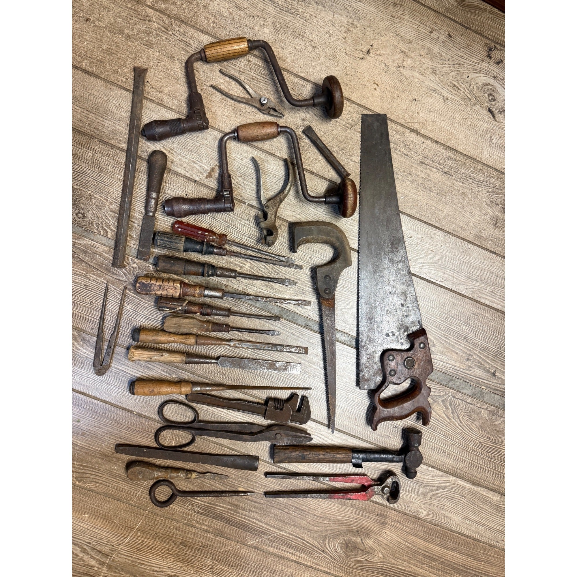 Antique Tool Lot Saws Screwdrivers Hand Drills Hammer Wrenches