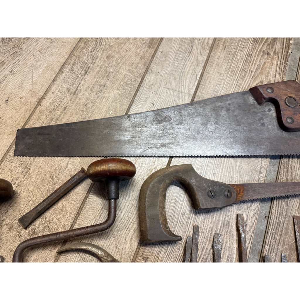 Antique Tool Lot Saws Screwdrivers Hand Drills Hammer Wrenches