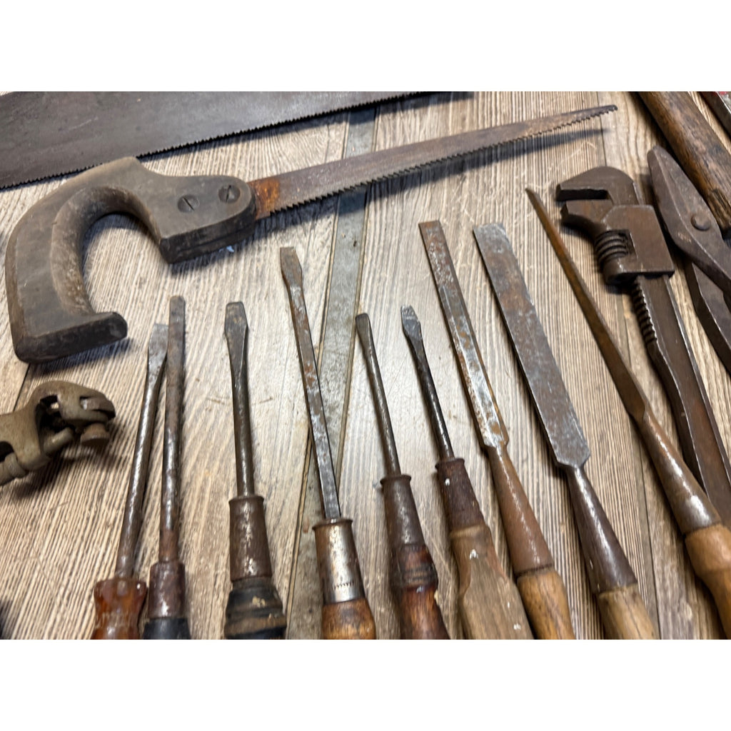 Antique Tool Lot Saws Screwdrivers Hand Drills Hammer Wrenches