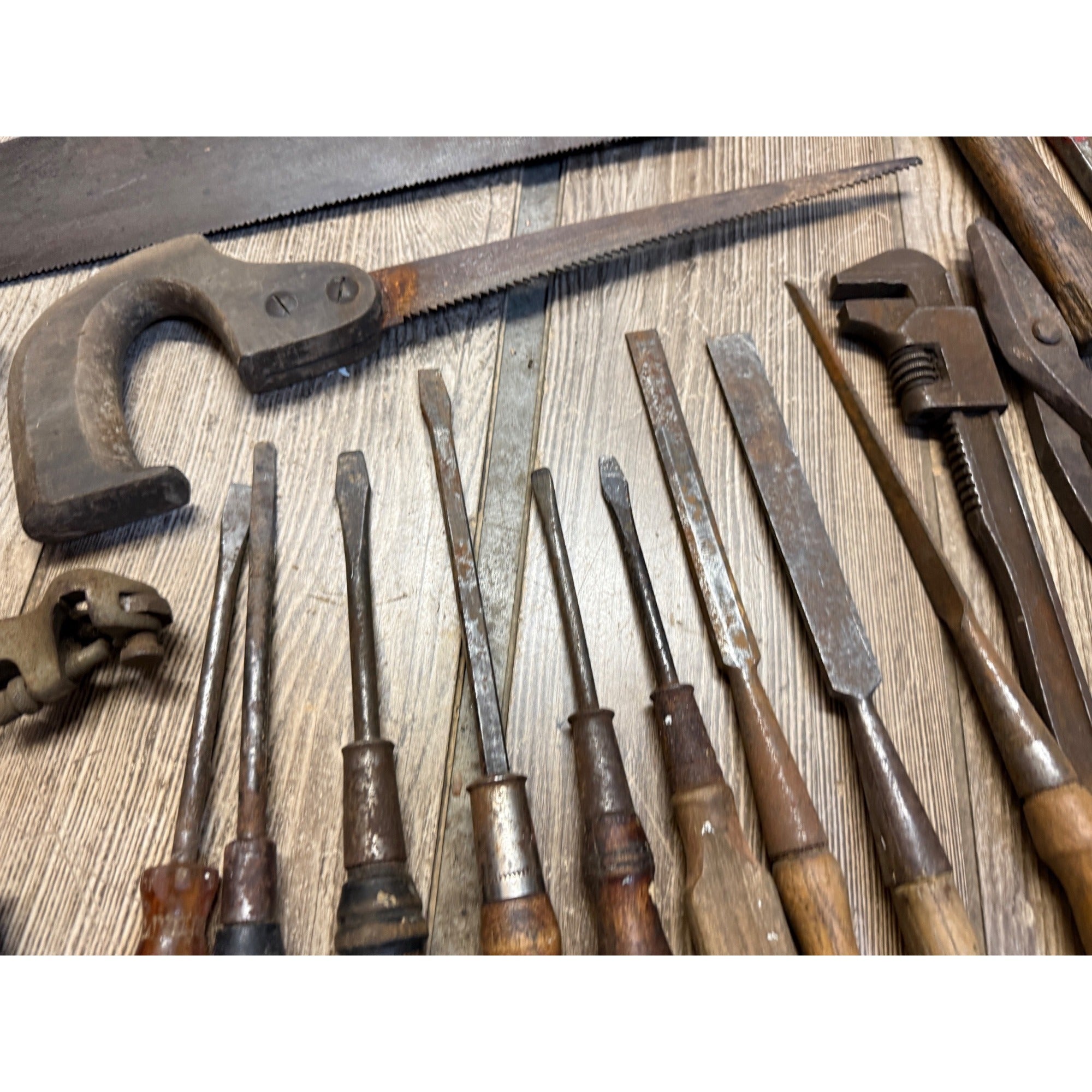 Antique Tool Lot Saws Screwdrivers Hand Drills Hammer Wrenches
