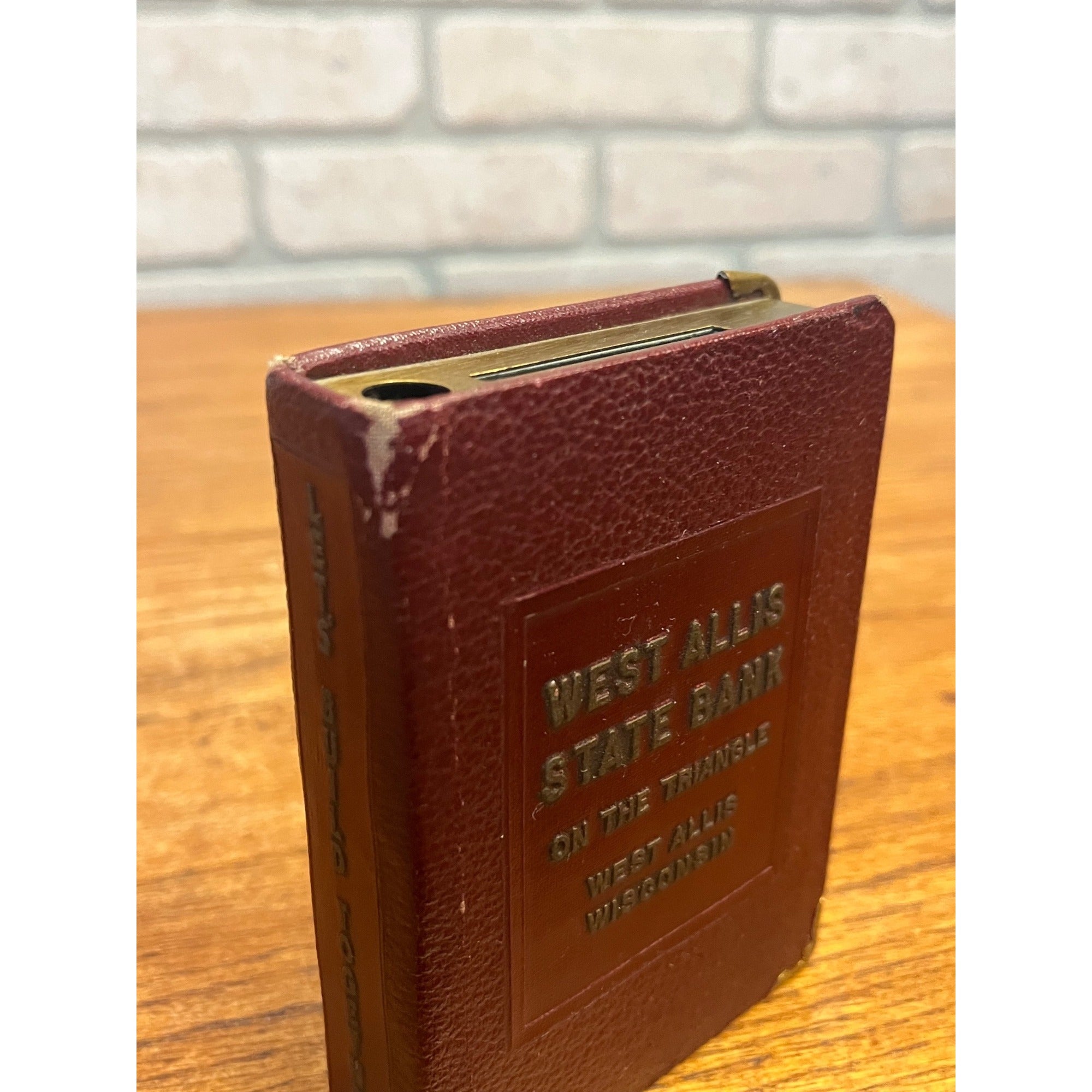 Vintage Miniature Book Savings Bank West Allis State Bank Wisconsin No Key Leather-Wrapped
