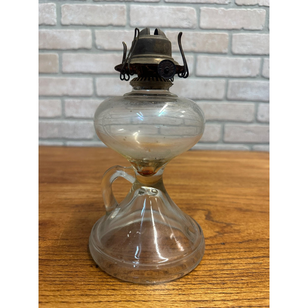 Antique Glass Kerosene Oil Lamp Pedestal w/ Finger Loop + Patent 1877 Burner