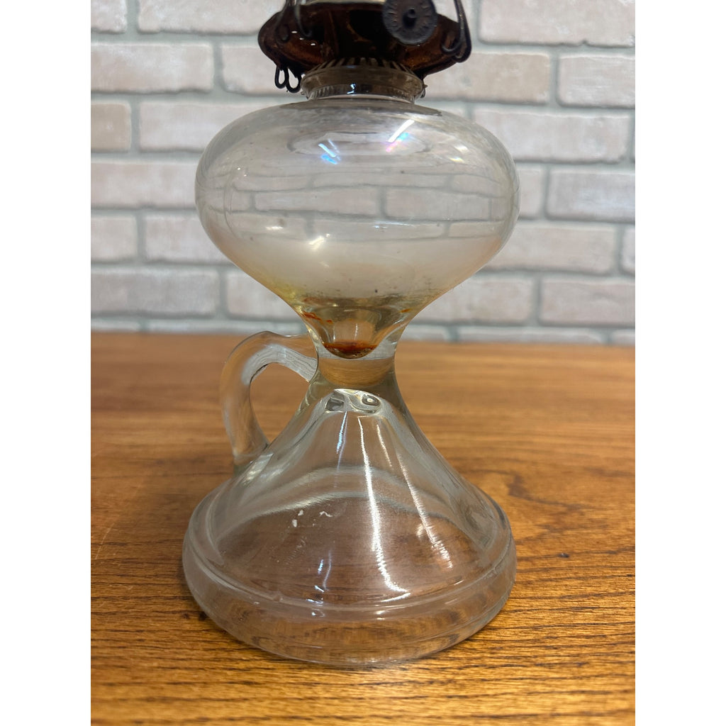 Antique Glass Kerosene Oil Lamp Pedestal w/ Finger Loop + Patent 1877 Burner