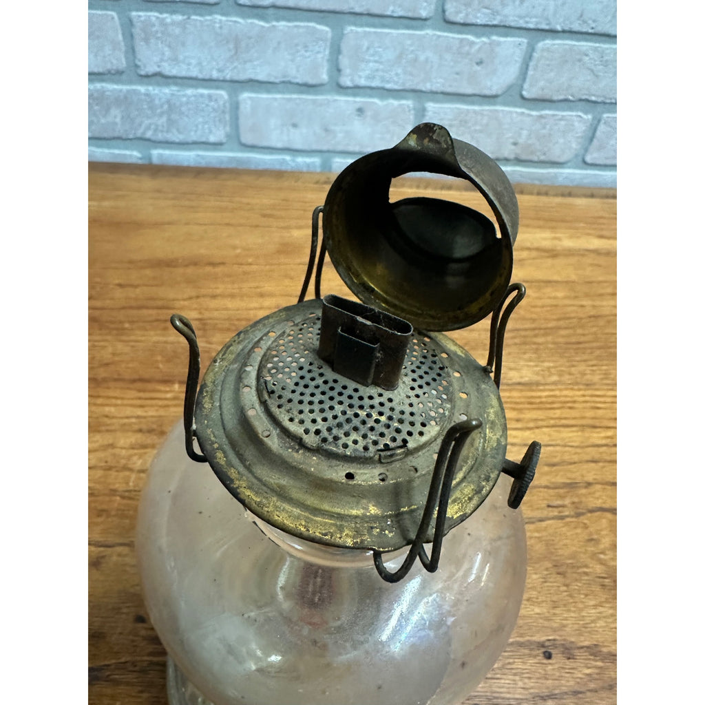 Antique Glass Kerosene Oil Lamp Pedestal w/ Finger Loop + Patent 1877 Burner