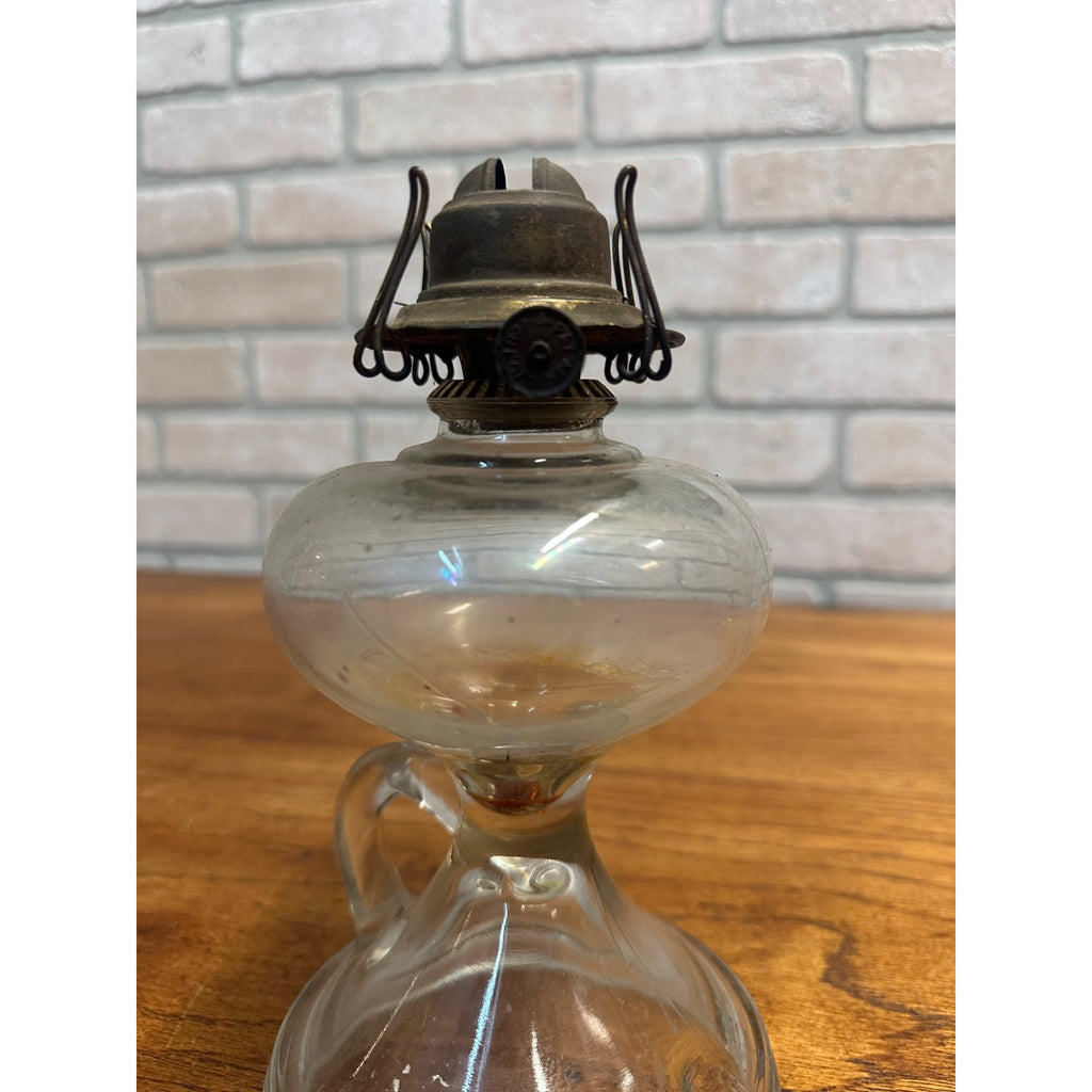 Antique Glass Kerosene Oil Lamp Pedestal w/ Finger Loop + Patent 1877 Burner