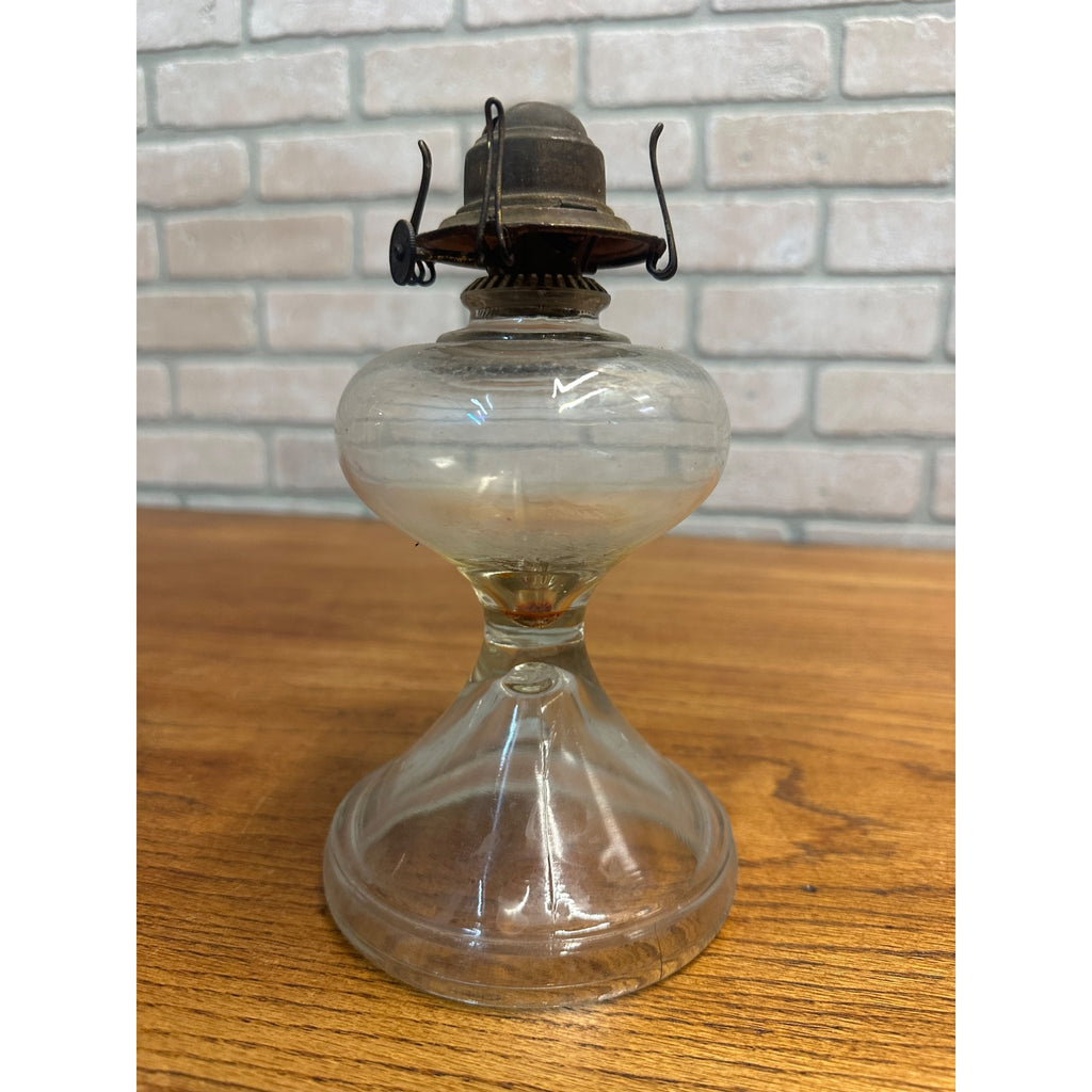 Antique Glass Kerosene Oil Lamp Pedestal w/ Finger Loop + Patent 1877 Burner