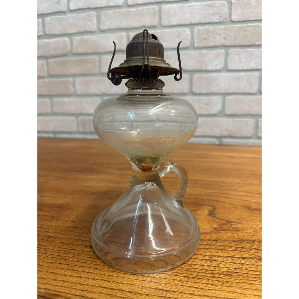 Antique Glass Kerosene Oil Lamp Pedestal w/ Finger Loop + Patent 1877 Burner