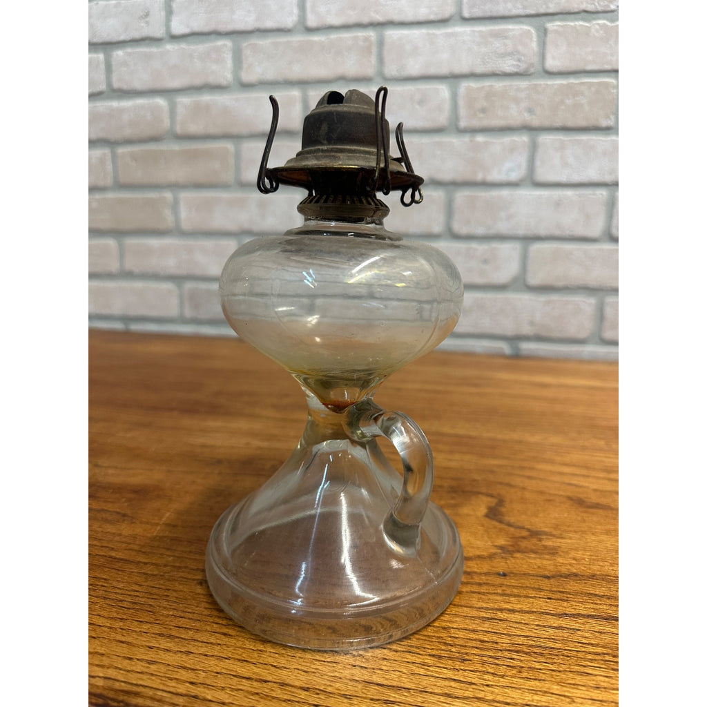 Antique Glass Kerosene Oil Lamp Pedestal w/ Finger Loop + Patent 1877 Burner