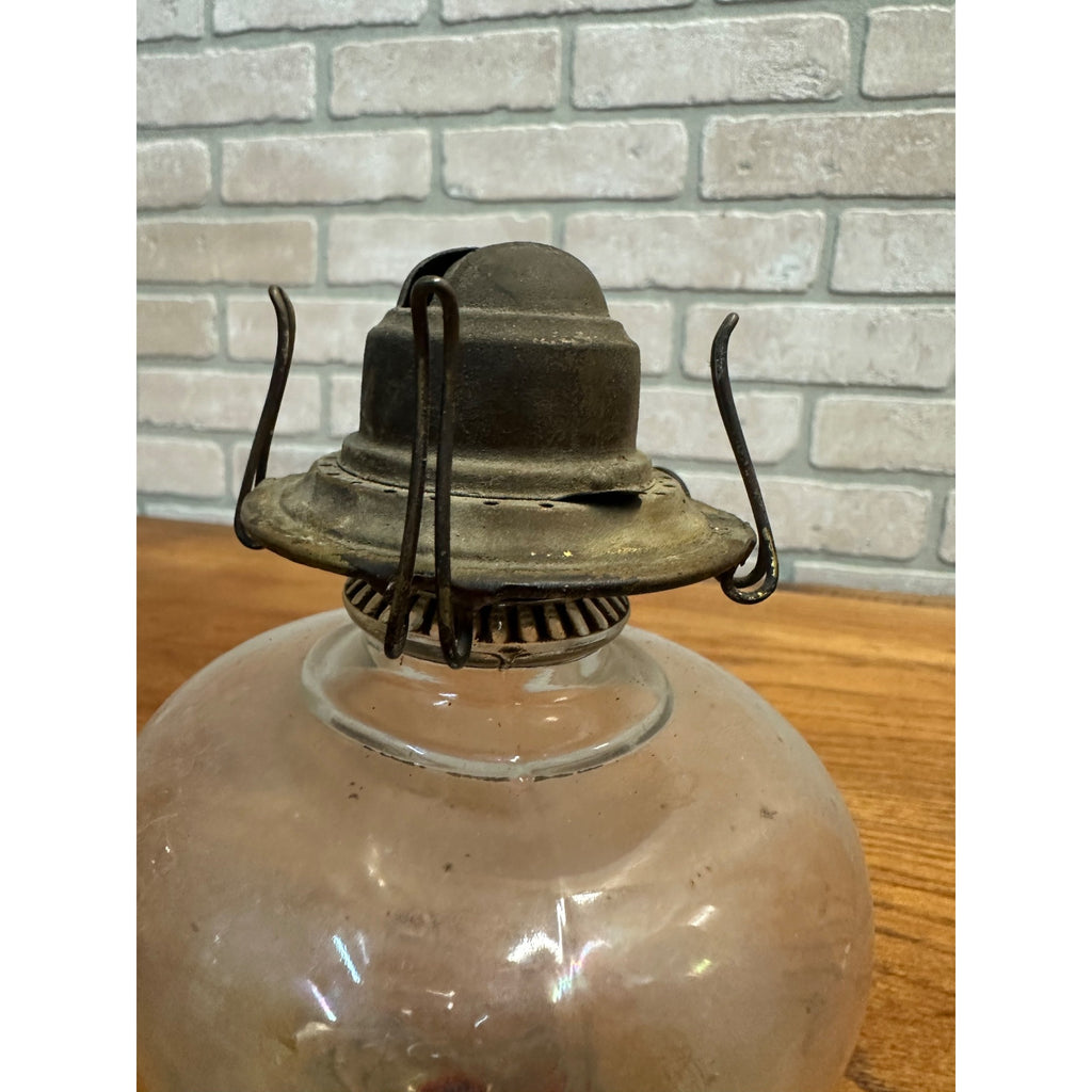 Antique Glass Kerosene Oil Lamp Pedestal w/ Finger Loop + Patent 1877 Burner