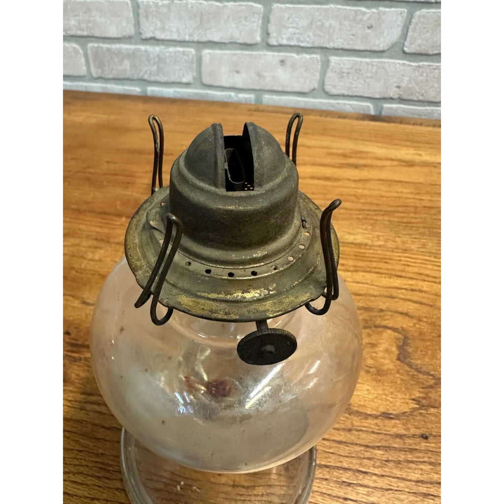 Antique Glass Kerosene Oil Lamp Pedestal w/ Finger Loop + Patent 1877 Burner