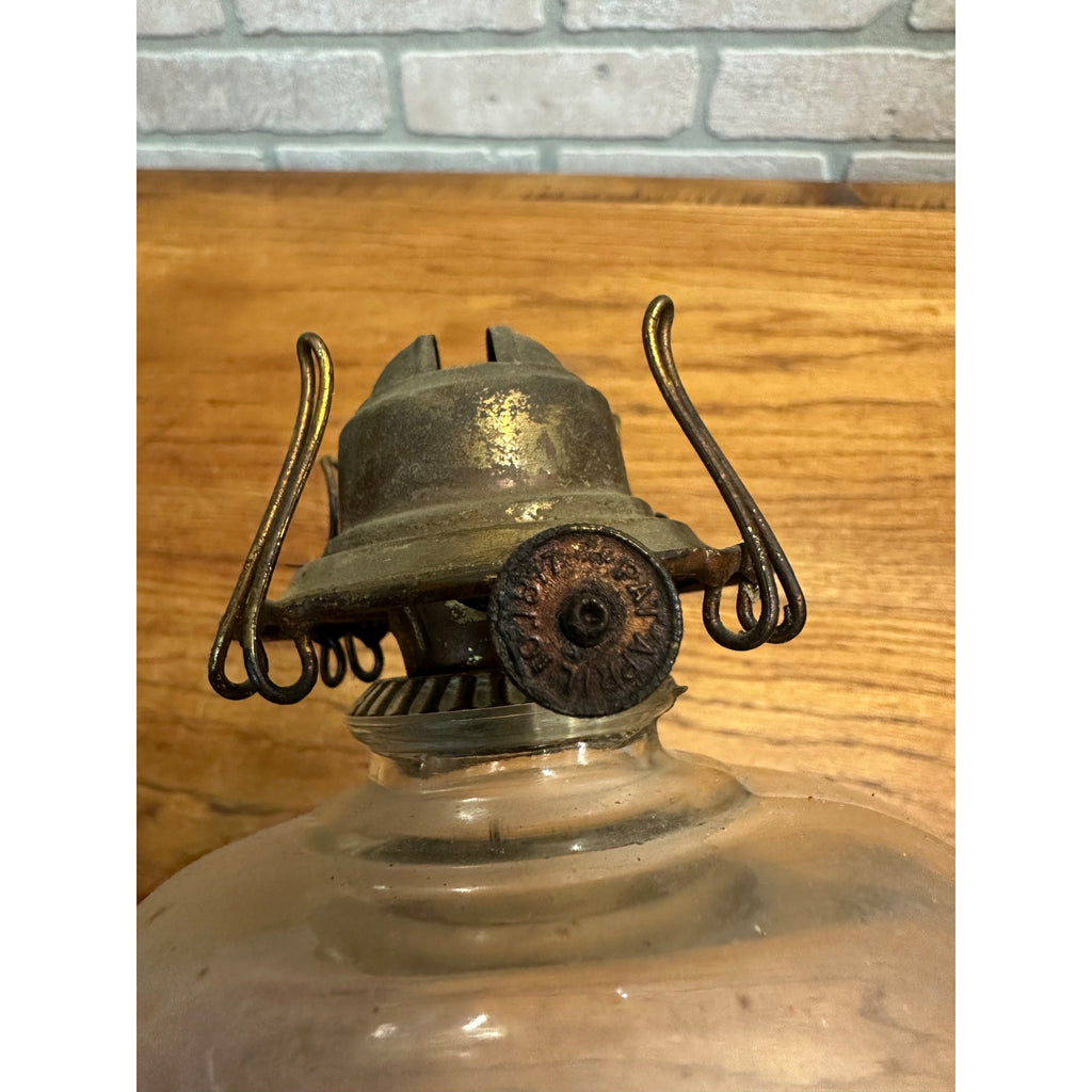 Antique Glass Kerosene Oil Lamp Pedestal w/ Finger Loop + Patent 1877 Burner