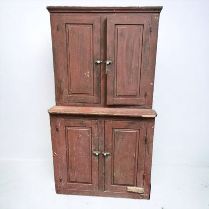 Antique Primitive Red Wooden Stepback Hutch Pantry Cupboard 19th Century