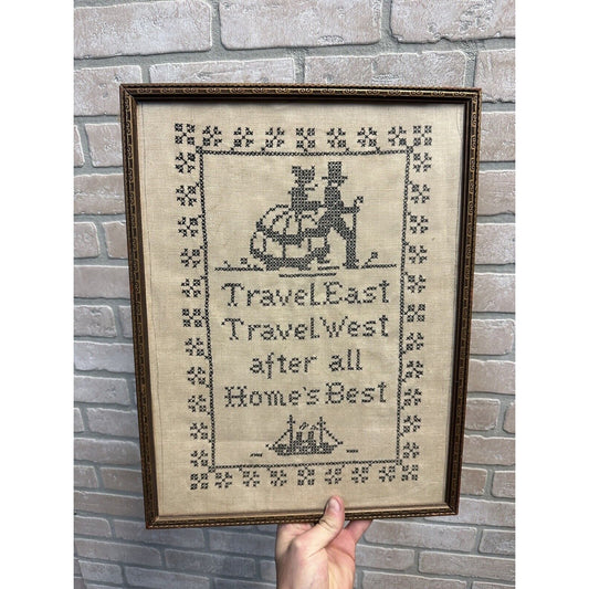Antique Primitive Travel East Travel West Cross Stitch Sampler Framed