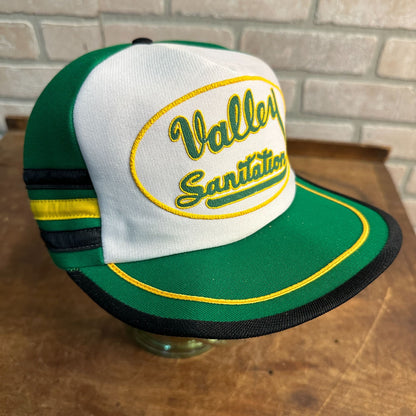 VINTAGE USA THREE STRIPE VALLEY SANITATION TRUCK GREEN RETRO SNAPBACK HAT