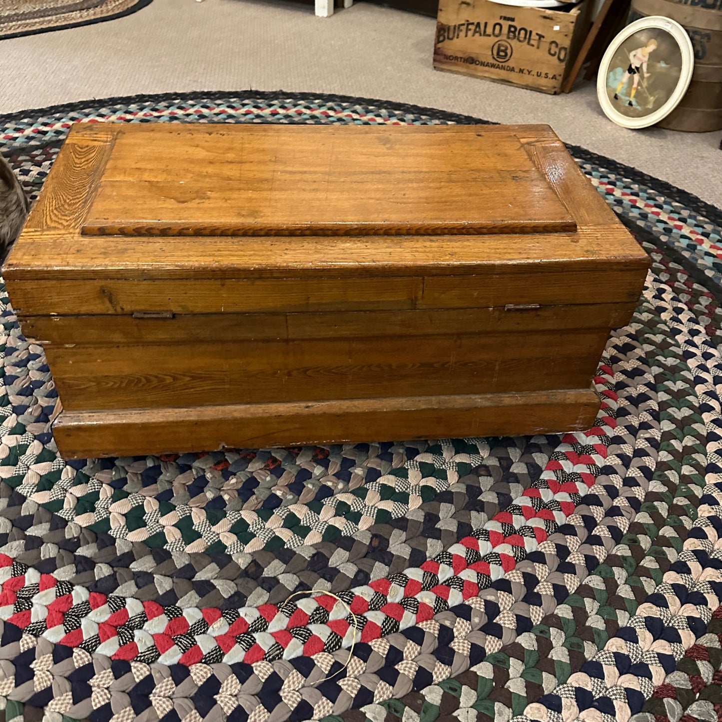 Antique Wooden Primitive Carpenters Trunk Chest Storage Coffee Table