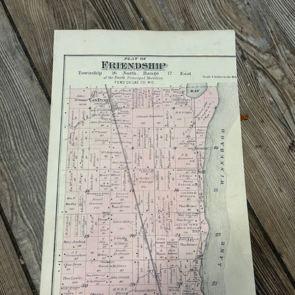 Antique 1893 Friendship Lake Winnebago Wisconsin Wis Plat Map Township