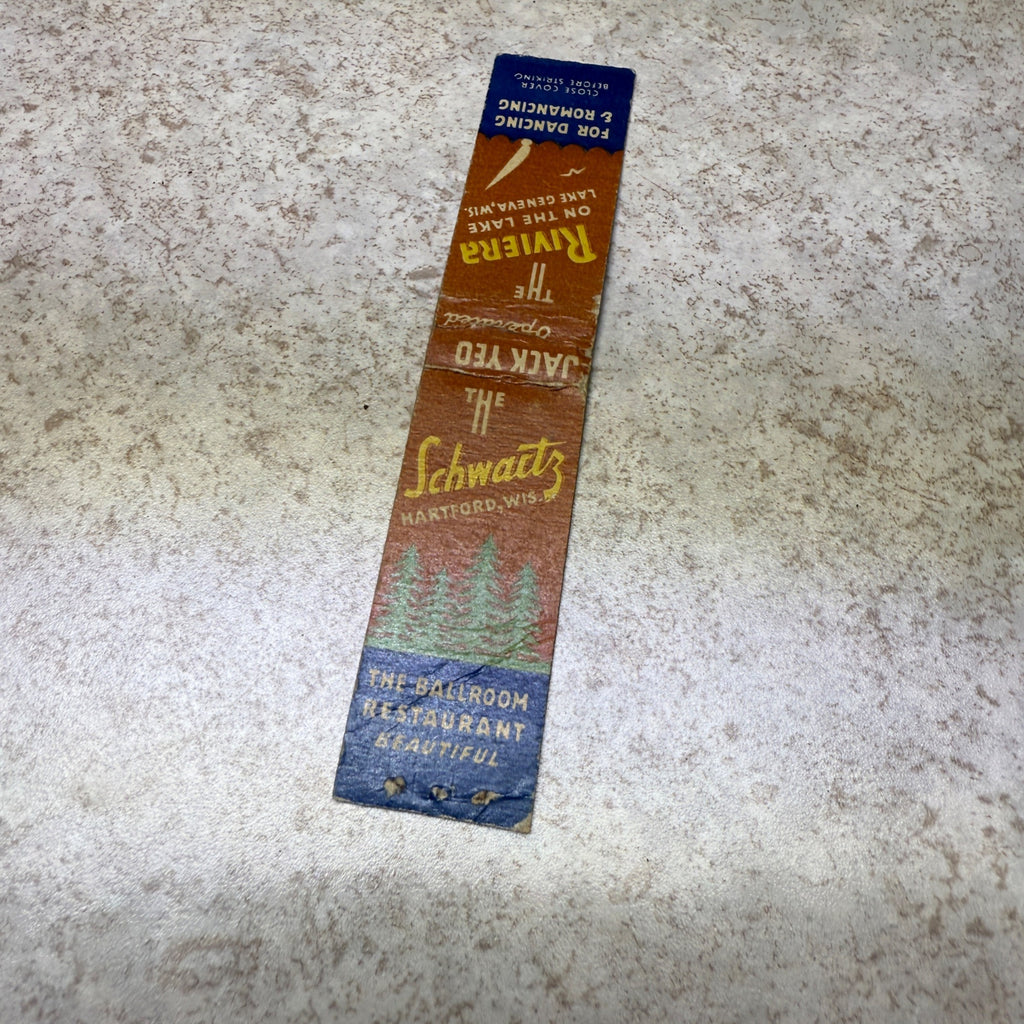 The Riviera Schwartz Hartford Lake Geneva Wis Advertising Matchbook Lounge