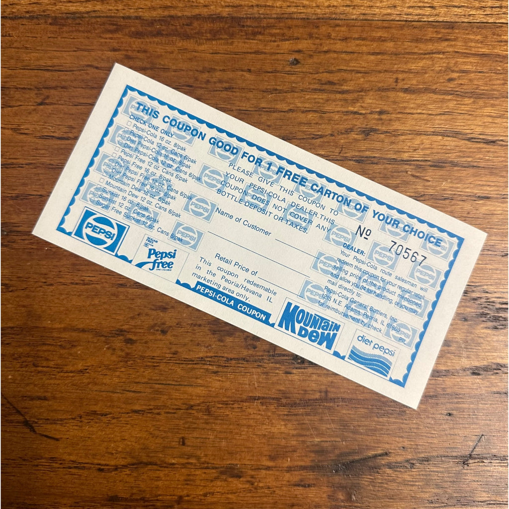 Vintage 1980s Pepsi Cola Free Carton Promo Coupon Mountain Dew Diet