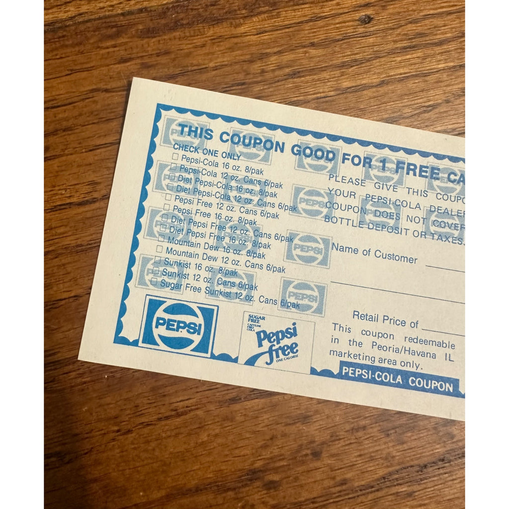 Vintage 1980s Pepsi Cola Free Carton Promo Coupon Mountain Dew Diet