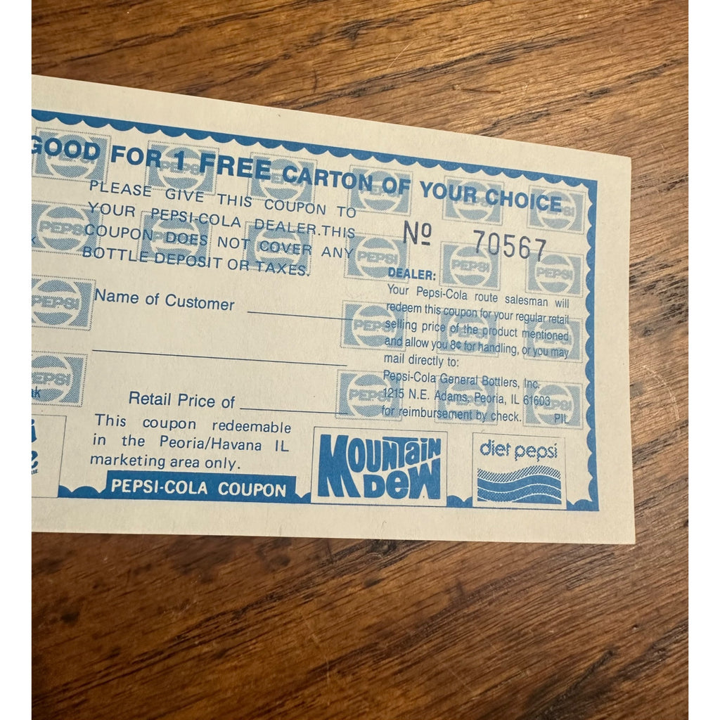 Vintage 1980s Pepsi Cola Free Carton Promo Coupon Mountain Dew Diet