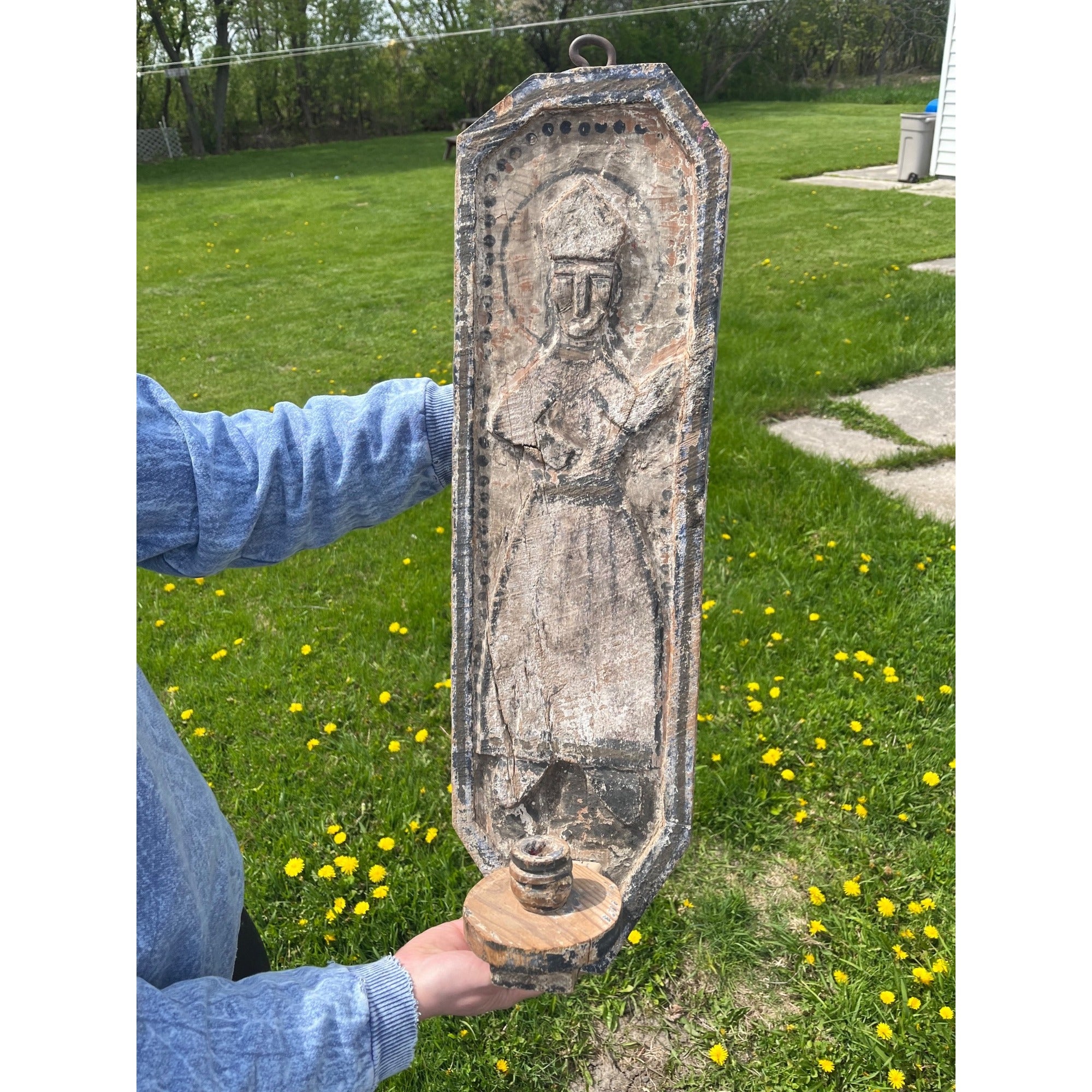 Antique Primitive Folk Art Religious Wall Sconce Carved Saint Icon Candle Holder Santos Bishop