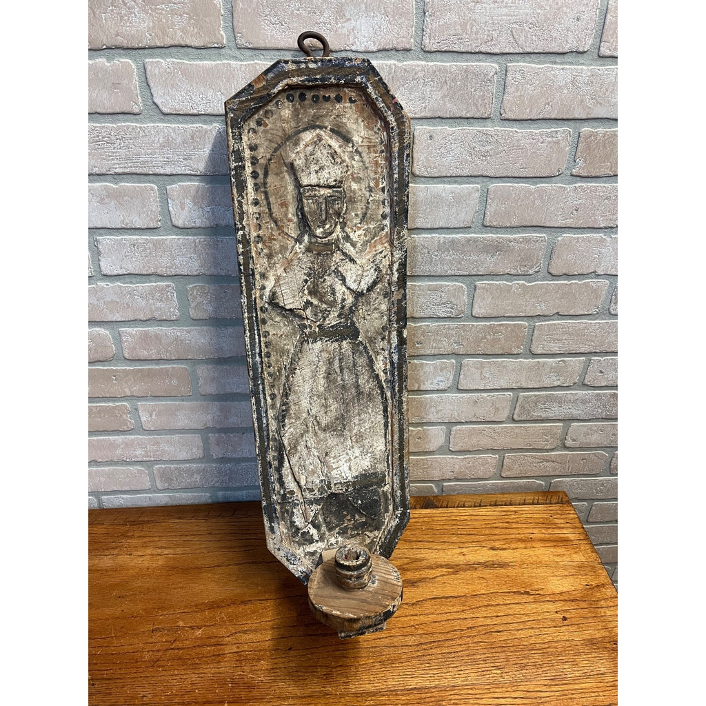 Antique Primitive Folk Art Religious Wall Sconce Carved Saint Icon Candle Holder Santos Bishop
