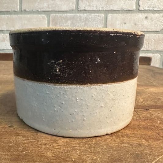 Antique 1-Pound 4-1/2" Two-Tone Stoneware Butter Crock Pottery Brown White