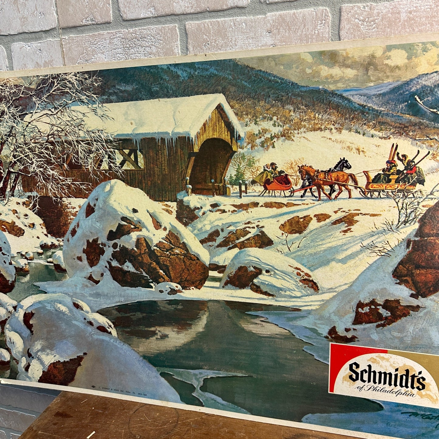 Vintage Schmidt Beer Philidelphia Winter Covered Bridge Scene Cardboard Sign 33"x22"