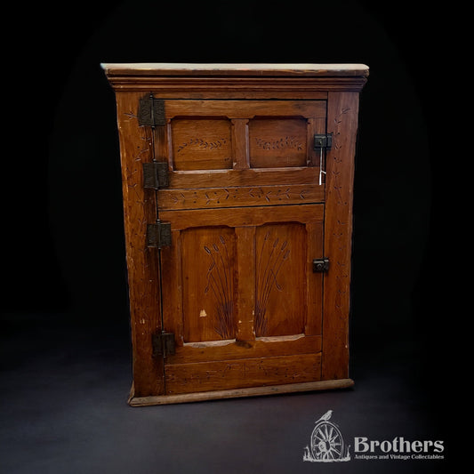 Antique Primitive c1880s Wooden Ice Box Cabinet  w/ Orante Spoon Carvings