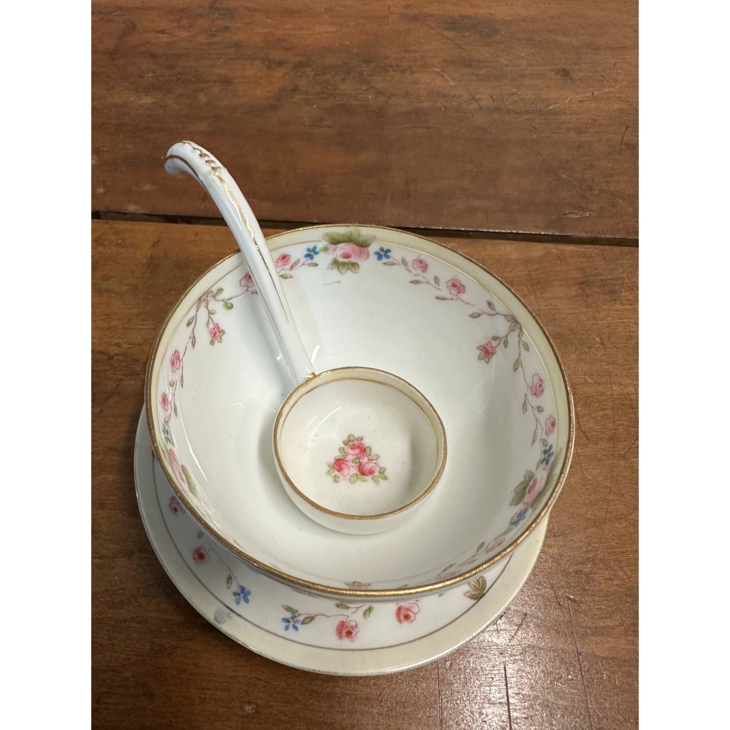 Vintage Nippon Hand Painted Condiment Mayo Bowl w/ Ladle + Plate Platter Pink Rose
