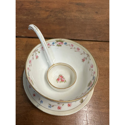 Vintage Nippon Hand Painted Condiment Mayo Bowl w/ Ladle + Plate Platter Pink Rose