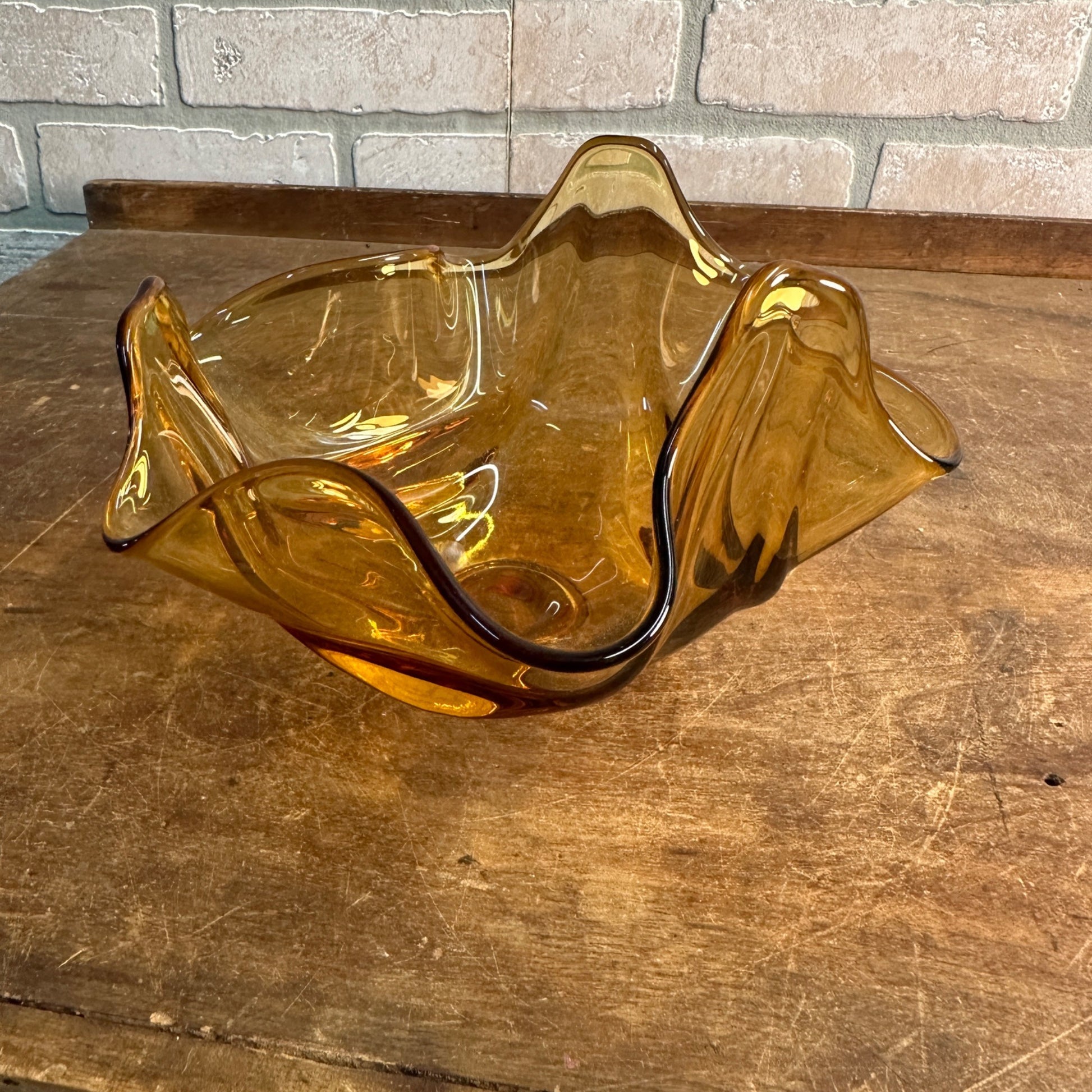 Vintage Viking Art Glass - Bowl Epic Drape Handkerchief Pattern Amber Decor MCM