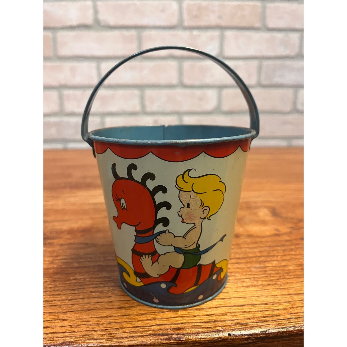 Vintage Ohio Art Tin Litho Child's Sand Toy Pail #128 Seahorse 4.25" T