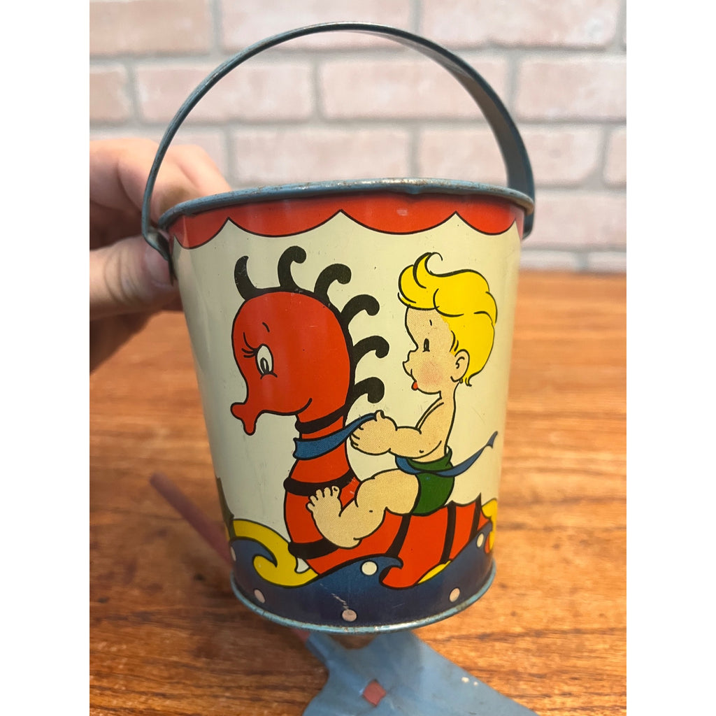 Vintage Ohio Art Tin Litho Child's Sand Toy Pail #128 Seahorse 4.25" T