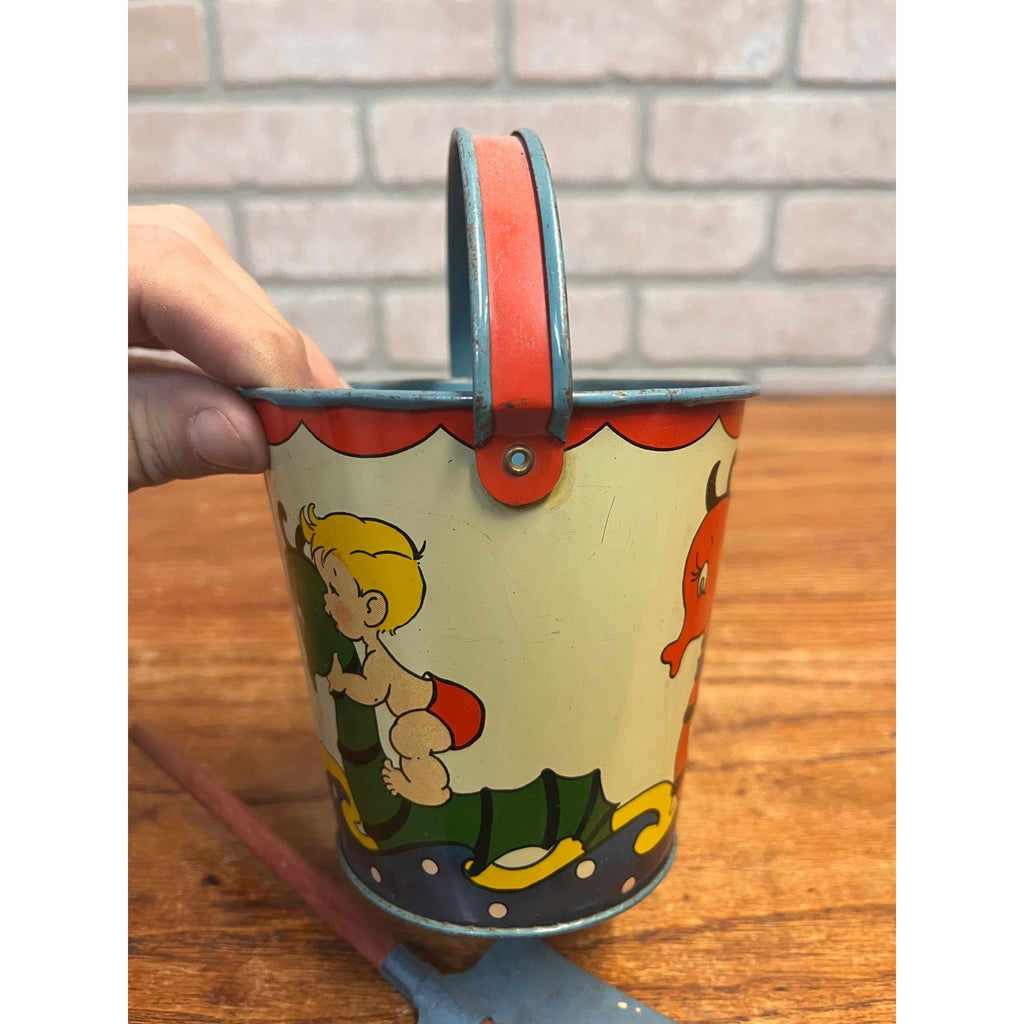 Vintage Ohio Art Tin Litho Child's Sand Toy Pail #128 Seahorse 4.25" T
