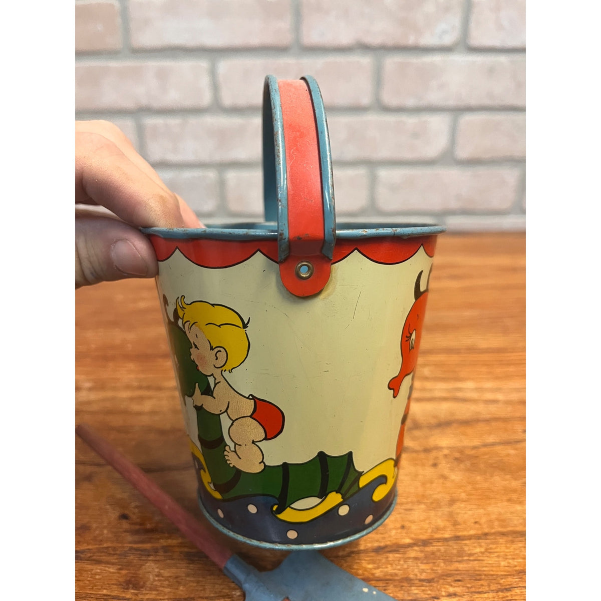 Vintage Ohio Art Tin Litho Child's Sand Toy Pail #128 Seahorse 4.25" T