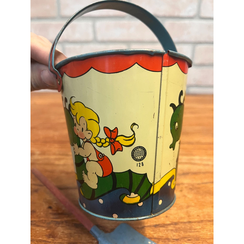Vintage Ohio Art Tin Litho Child's Sand Toy Pail #128 Seahorse 4.25" T