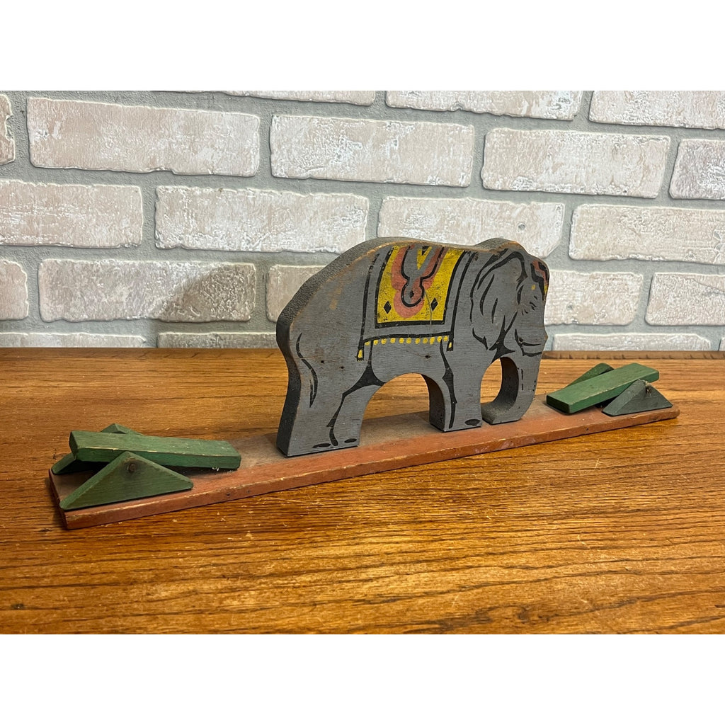 Antique Wooden Mechanical Circus Toy with Elephant As is Folk Art